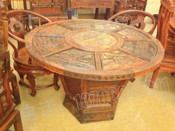 老挝大红酸枝圆形餐桌 雕八仙