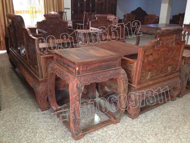 老挝大红酸枝雕龙宝座沙发